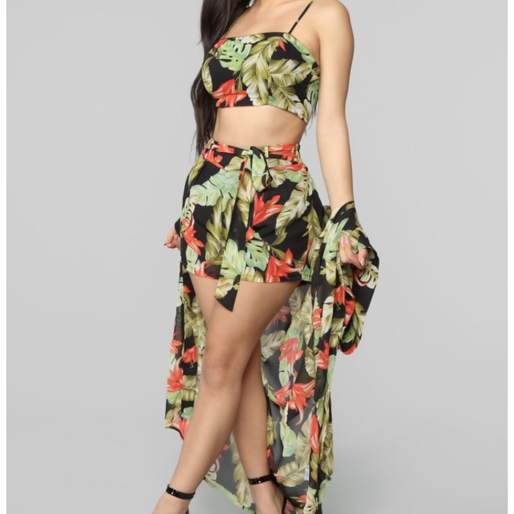 3 piece short, crop top, kimono set
